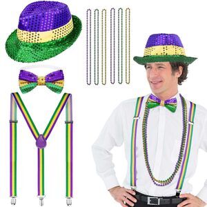 3827 9 Pcs Mardi Gras Suspenders And Bow Tie Set,suspender